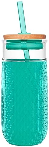 Ello Devon Glass Tumbler , Protective No Sweat Silicone Sleeve and Splash Proof Wooden Detail Lid with Straw, 18 oz by Ello