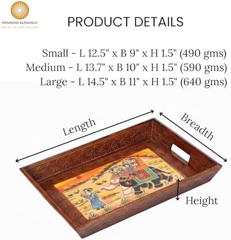 Swadeshi Blessings Hand-Painted Wooden Serving Tray Set of 3, Brown - Image 2