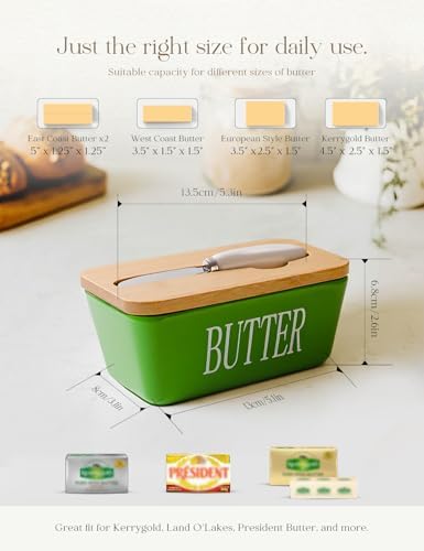 Ceramic Butter Dish with Lid and Knife & Silicone Seal for Countertop Green - Image 2