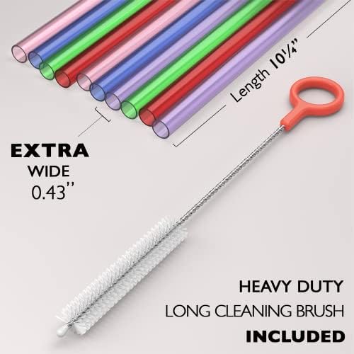 Fiesta First 10 EXTRA WIDE Long Reusable Hard Plastic Drinking Straws + Cleaning Brush - Fat Thick Large Jumbo Straws for Smoothies, Milkshakes, Thick Drinks - Assorted - Dishwasher Safe BPA Free - Image 2