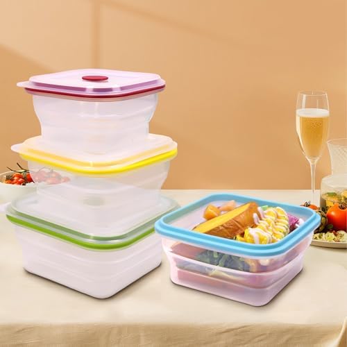 Set of 4 Collapsible Full Silicone Food Storage Containers with Lids, Square Clear Bento Lunch boxes for Meal Prep, Lunch, Leftovers, Travel, Microwave Fridge Dishwasher Safe, BPA Free - Image 3