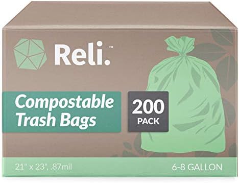 Reli. Compostable 6-8 Gallon Trash Bags | 200 Count Bulk | Green by Reli