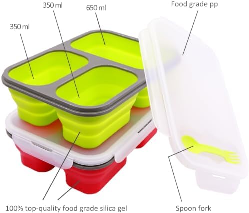2 Pack Big Size Collapsible Silicone Bento Lunch Boxes With Lids Spoons Forks,3 Compartments, Divided Lunch Food Storage Containers, Safe in Microwave, Dishwasher and Freezer, 45.6oz, BPA Free - Image 3