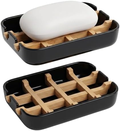 Bamboo Fiber Soap Holder and Soap Dish Combination, Removable Drainage Rack Bar Soap Tray for Bathroom Sink Deck, Bathtub, Shower & Kitchen (Black, 1 Pack) by Unknown
