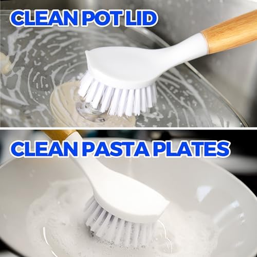 Holikme 3 Pack Dish Brush with Bamboo Handle Cleaning Brush,White - Image 3