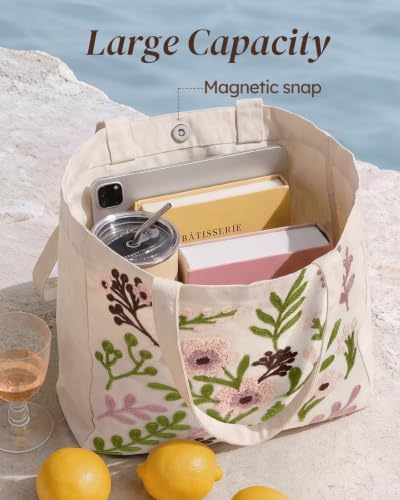 Floral Embroidery Canvas Tote Bag with Magnetic Closure for Daily - Image 5