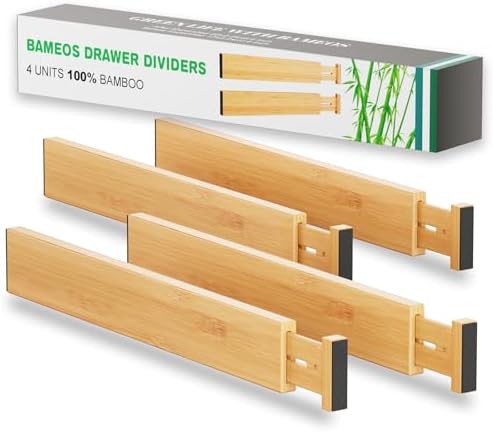 BAMEOS Bamboo Expandable Drawer Dividers – Fits 16.6"–22" Drawers, 2" High, Set of 4 | Spring-Loaded Bamboo Separator for Kitchen Island, Bathroom Vanity & Dresser Drawers by BAMEOS
