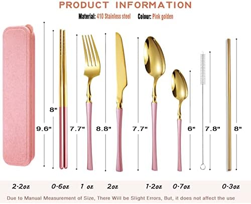 AARAINBOW 7 Pieces Stainless Steel Flatware Set Portable Reusable Cutlery Set Travel Utensils Set Including Chopsticks Knife Fork Spoon Straws Cleaning Brush Dishwasher Safe (B-Pink Golden) - Image 2