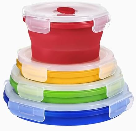4 Collapsible Food Storage Containers, Silicone Food Storage Containers, Round Collapsible Bowls with lids, Microwave Freezer Dishwasher Safe (Colorful) by XPAPOV