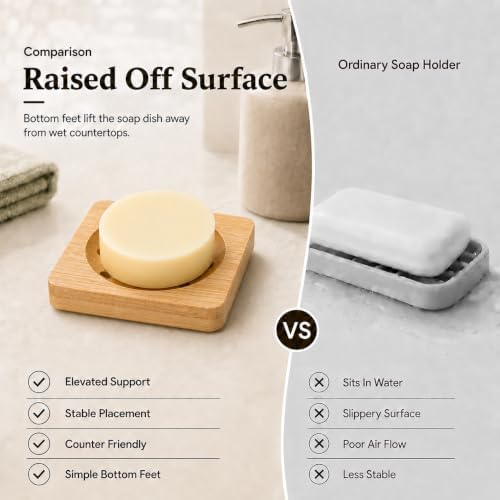 Bamboo Soap Dish for Bar Soap, Raised Wooden Holder with Drain Slots，Square Bamboo Soap Dish - Image 6