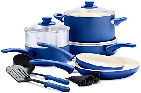 GreenLife Soft Grip Healthy Ceramic Nonstick 12 Piece Cookware Pots and Pans Set, PFAS-Free, Dishwasher Safe, Blue by GreenLife
