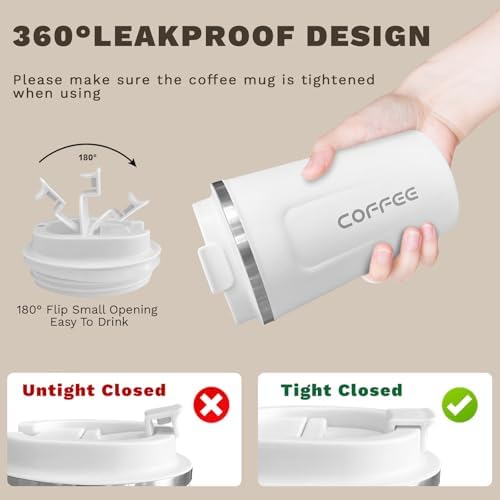 SPLMIFA Travel coffee mugs leak-proof, reusable coffee cups with lids, stainless steel vacuum insulated coffee tumblers, thermal insulation cups for men & women keep drinks hot & cold(2nd-White, 12OZ) - Image 5