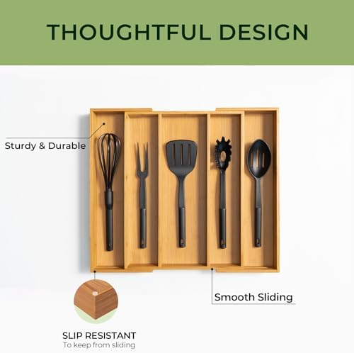 Carbonized Bamboo Kitchen Drawer Organizer, 5 Slots Expandable Silverware Organizer, Utensil Holder & Cutlery Tray, 2.2" Deep for Extra Capacity, Non-Slip Feet Included. - Image 6