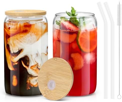 Glass Cups with Lids and Straws - 16 oz Glass Drinking Cups Set for Coffee by sungwoo