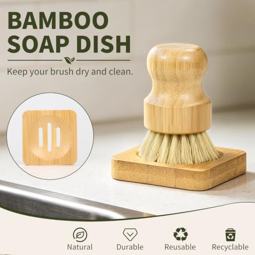 Bamboo Dish Brush Set - 3 Pcs Natural Scrub Brush with Holder, Wooden Dish Scrubber with Sisal Bristle for Cleaning Dishes, Pans and Vegetables - Image 5