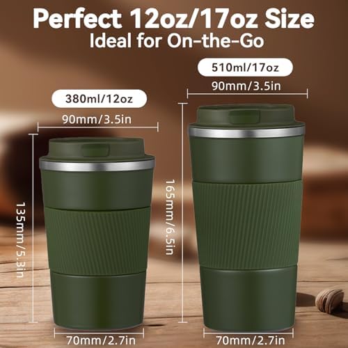 17OZ Travel Coffee Mug Insulated Coffee Cup with Spill Leak Proof Lid, Portable Stainless Steel Tumbler Reusable Hot and Cold Water Mug for Car, Daily, Camping- Military Green - Image 2