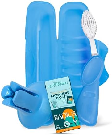 RADIUS Vacation Pastel Bundle, Includes Left Handed Big Brush with Replaceable Head, Toothbrush Travel Case, DOC Toothbrush Holder, Anywhere Travel Floss Packette, Periwinkle Blue, 4 Piece Bundle by RADIUSCorporation