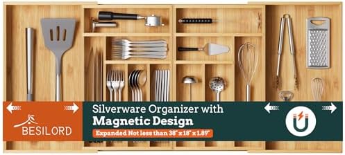 Silverware Organizer Large, Magnetic Connected Expandable 13 Slots Silverware Drawer Organizer From 21 to 37.4 Inches, Adjustable Flatware and Cutlery Holder, Bamboo Utensil Tray for Kitchen Natural by Besilord
