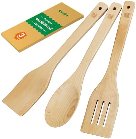 Riveira Maple Wooden Spoons for Cooking Set of 3 – Natural Maple Wooden Cooking Utensils, Wooden Spatula, Wooden Spoon - Premium Quality Utensil Set for Non-Toxic Cooking by Riveira