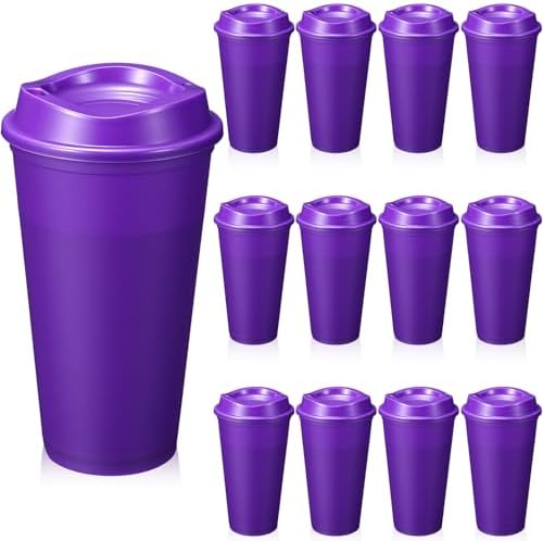 12 Pcs 16 Oz Reusable Coffee Cups with Lids - Plastic Travel Hot Cups Bulk Coffee Tumblers for DIY Hot Cold Drinks Party Favors Coworker (Purple) by Unknown