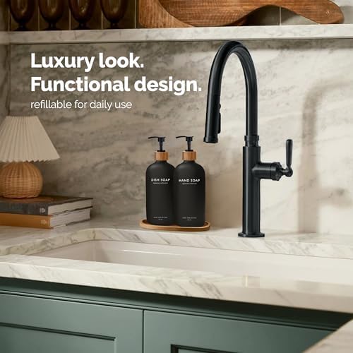 Vine Creations Black Glass Soap Dispenser Set, Hand Soap and Dish Soap Dispenser Set with Bamboo Tray, 16 oz Glass Dispensers Bottle for Kitchen and Bathroom Decor Modern Boho with Bamboo Pump (Black) - Image 3