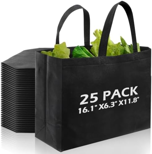 50 Pcs Reusable Tote Bag with Handles Bulk Extra Large Non Woven Grocery Shopping Bags for Boutiques Retail Store(Black) by Yoojahow