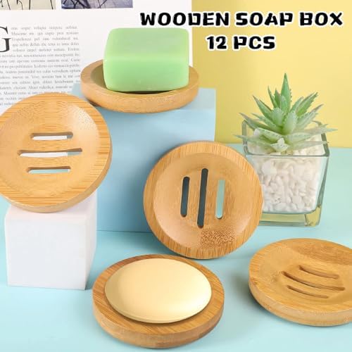 12 Pcs Round Bamboo Soap Dishes Self Draining Wooden Soap Holder Bar Soap Tray for Bathroom Kitchen Shower Sink - Image 5