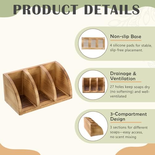 Shampoo Bar Holder Multi Bar Soap Dish, Wooden, 6.3 x 3.3 x 3.1 Inch - Image 3