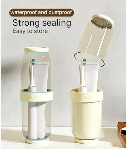 Breathable Toothbrush Travel Case, 2 in 1 Portable Travel Toothbrush Holder and Mouthwash Cup, Large Capacity Toothbrush Cup with Lid for School, Camping, Business Trip, Bathroom, Cruise (Beige) - Image 4