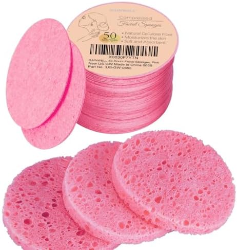GAINWELL 50-Count Compressed Facial Sponge for Daily Facial Cleansing and Exfoliating, 100％ Natural Cosmetic Spa Sponges for Makeup Remover, Reusable, Pink by GAINWELL