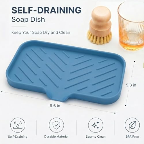 MicoYang Silicone Soap Dish with Drain Spout — Self-Draining Sink Organizer Tray for Bathroom & Kitchen, Sponges, Dispensers & Soap Holder, Non-Slip & Dishwasher Safe, Lichen Blue (Medium, 9.6"×5.3") - Image 2