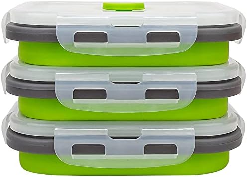 CCyanzi 3piece Collapsible Food Storage Containers with Lids, Silicone Lunch Container, Microwave & Freezer Safe, Space Saving for Kitchen Cabinet and Camping Backpack,(green gray) by CCyanzi