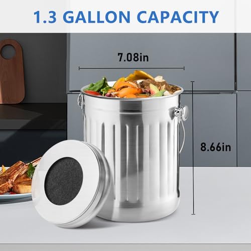 ENLOY Kitchen Countertop Compost Bin 1.3 Gallon, Stainless Steel, Silver - Image 2