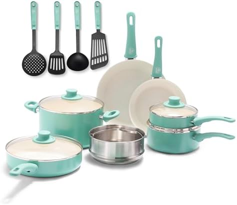 GreenLife Soft Grip Healthy Ceramic Nonstick, 15 Piece Cookware Pots and Pans Set, Induction, PFAS-Free, Dishwasher Safe, Turquoise by GreenLife