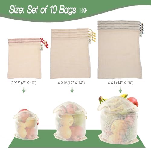 Reusable Cotton Produce Bags (10 Pack + 1 Premium Stotage Pouch) - Organic Cotton Mesh Bags for Fruits & Vegetables, Washable, Double-Stitched, Tare Weight, Eco-Friendly Storage (4L, 4M, 2S) - Image 6