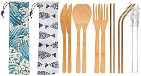 Uptrust Bamboo 2 Set Travel Utensils - Reusable Cutlery with Case, 7.8 Inch Knife, Fork, Spoon, 3 Colors Metal Straw - Golden Straw by UPTRUST