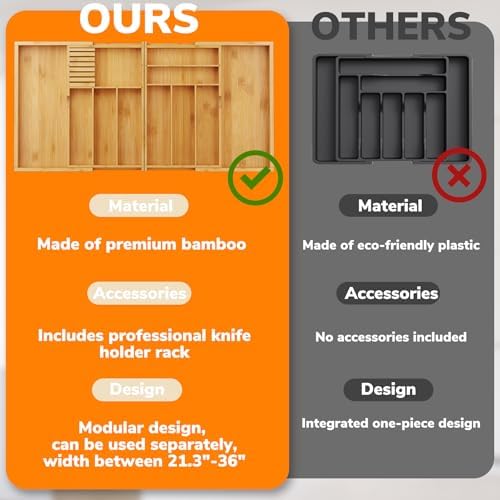 BAMEOS Expandable Silverware Drawer Organizer with Removable Knife Blocks, Bamboo Kitchen Utensil Holder from 21" to 36", Large Cutlery Tray with Divider for Forks, Spoons, Knives - Image 6