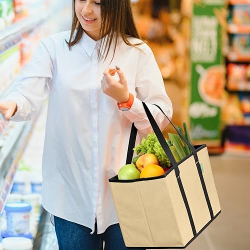 Reusable Grocery Bags (3 Pack) – Heavy Duty Reusable Shopping Bags, Beige - Image 2