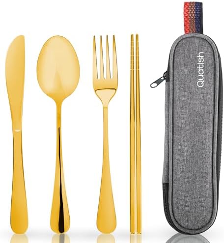 Travel Utensils with Case, Quatish Portable Silverware Set for Work, Stainless Steel Reusable Travel Cutlery, Fork and Spoon Set for Camping, Picnic, Gadgets, Lunch Box for Men, Christmas Gift, Gold by Quatish