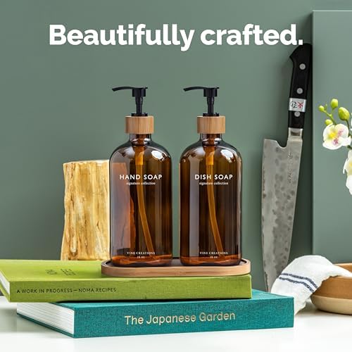 Vine Creations Amber Glass Soap Dispenser Set, Hand Soap and Dish Soap Dispenser Set with Bamboo Tray, 16 oz Glass Dispensers Bottle for Kitchen and Bathroom Decor Modern Boho with Bamboo Pump (Amber) - Image 2