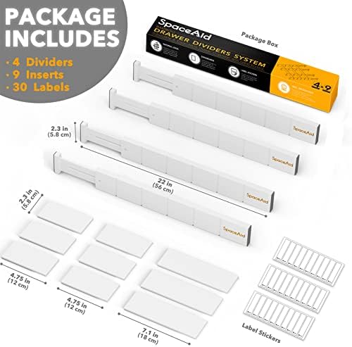 SpaceAid Bamboo Drawer Dividers with Inserts and Labels, Kitchen Adjustable Drawer Organizers, Expandable Organization for Home, Office, Dressers, 4 Dividers with 9 Inserts (17"-22" White) - Image 4