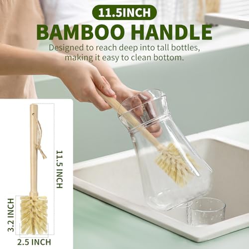 SAMEBUTECO Natural Bamboo Cup Cleaning Brush Set of 2 – 11.3 Inch Sisal Bristle Bottle Brush with Flat Head Design, Wooden Handle with Hanging Hole & Rope for Cups, Mugs, Glasses, Water Bottles - Image 5