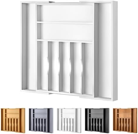 Large Premium Bamboo Silverware Organizer - Expandable Drawer Organizer & Utensil Organizer - 17"x19.7" Cutlery Tray with Dividers for Kitchen Utensils and Flatware (7-9 Slots) (White) by oridom