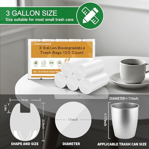 3 Gallon White Trash Bag With-Handles - Small Garbage Bags For Bathroom Can Unscented 100 Count Compostable Biodegradable Mini Tiny Waste Basket Liners For Kitchen Office Car Chenyucheng - Image 3