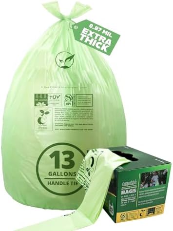 13 Gallon Compostable Trash Bags with Handle-Tie, Thick 0.87 Mil, 49.21 Liter, 30 Bags, Tall Kitchen Food Scrap Waste Bag, ASTM D6400, US BPI and OK Compost Home Certified by Lokingrise