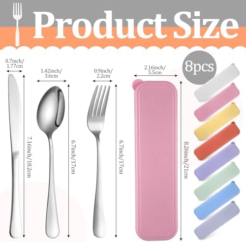 Yinkin 8 Pack Travel Silverware Set with Case for Lunch,Pastel - Image 3