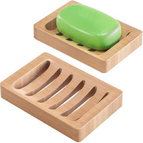 AmazerBath Soap Holder Soap Dish, Bamboo Soap Dish, 2 Pack Wood Bar Soap Holder for Shower, Trays Self Draining, Soap Saver for Shower, Bathroom, Kitchen(Natural Color) by AmazerBath