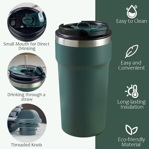 SPLMIFA Travel Coffee Mugs Leak-Proof, Reusable Coffee Cups with Lids, Stainless Steel Vacuum Insulated Coffee Tumblers, Thermal Insulation Cups for Men and Women Hot & Cold Drinks(4th-Green, 16OZ) - Image 2