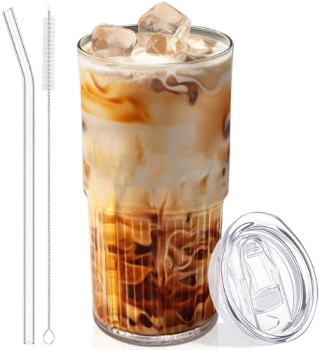 Luiaiog 18.5oz Glass Cups with Lids and Straws – Single Reusable Tumbler, Thickened Shatter-Resistant Glass, Ideal for Iced Coffee, Smoothies, Cocktails, Juices – Elegant & Durable Drinkware by Luiaiog