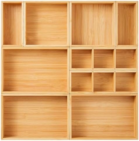 Fabsome Drawer Organizer, Set of 9 Bamboo Wood Kitchen Makeup Desk Junk Tea Drawer Storage Boxes Bins for Cutlery Silverware Utensils Flatware, Small Wooden Container Tray for Bathroom, Office by Fabsome